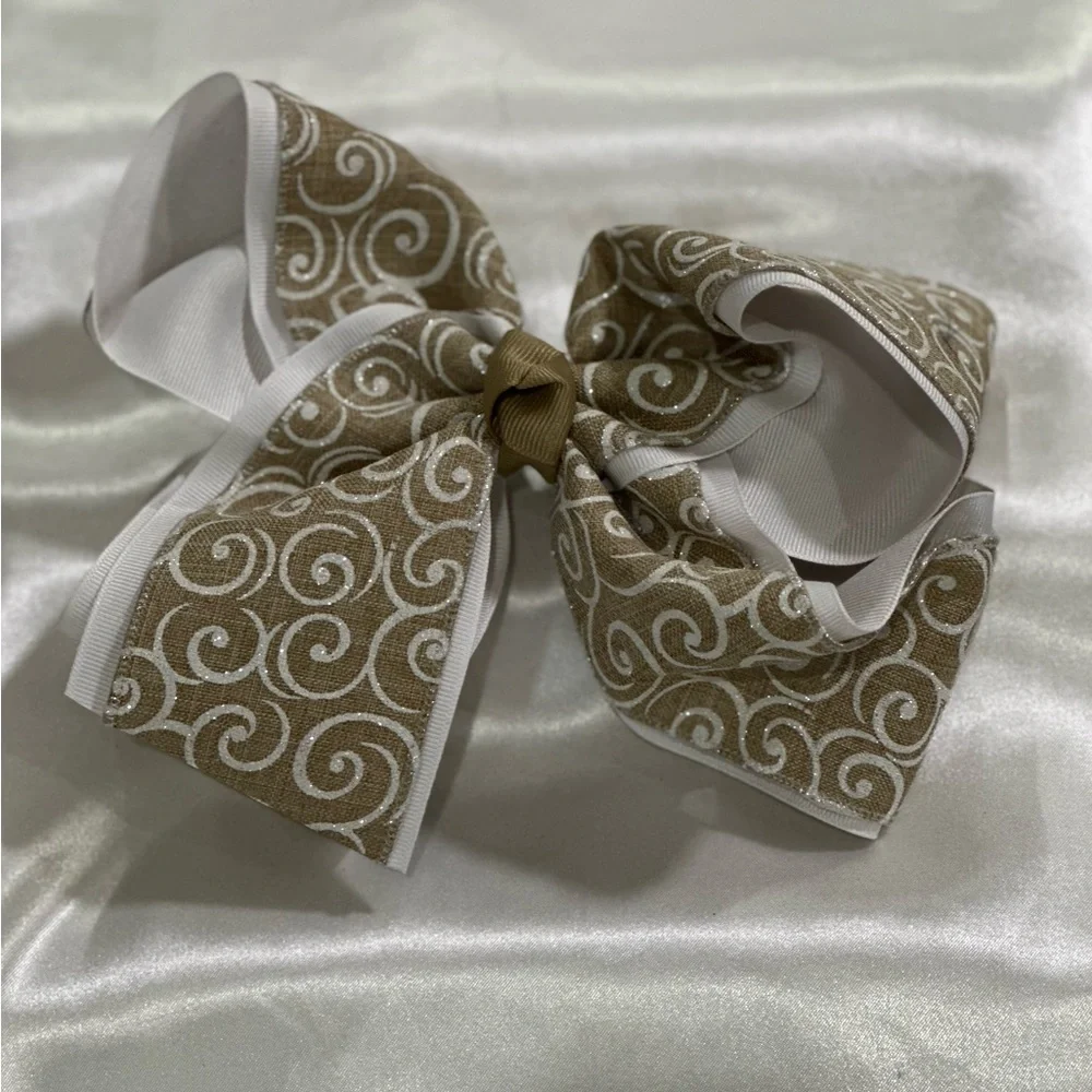 Large Tan and White Swirl Hair Bow- bundle 2+ and save on shipping.